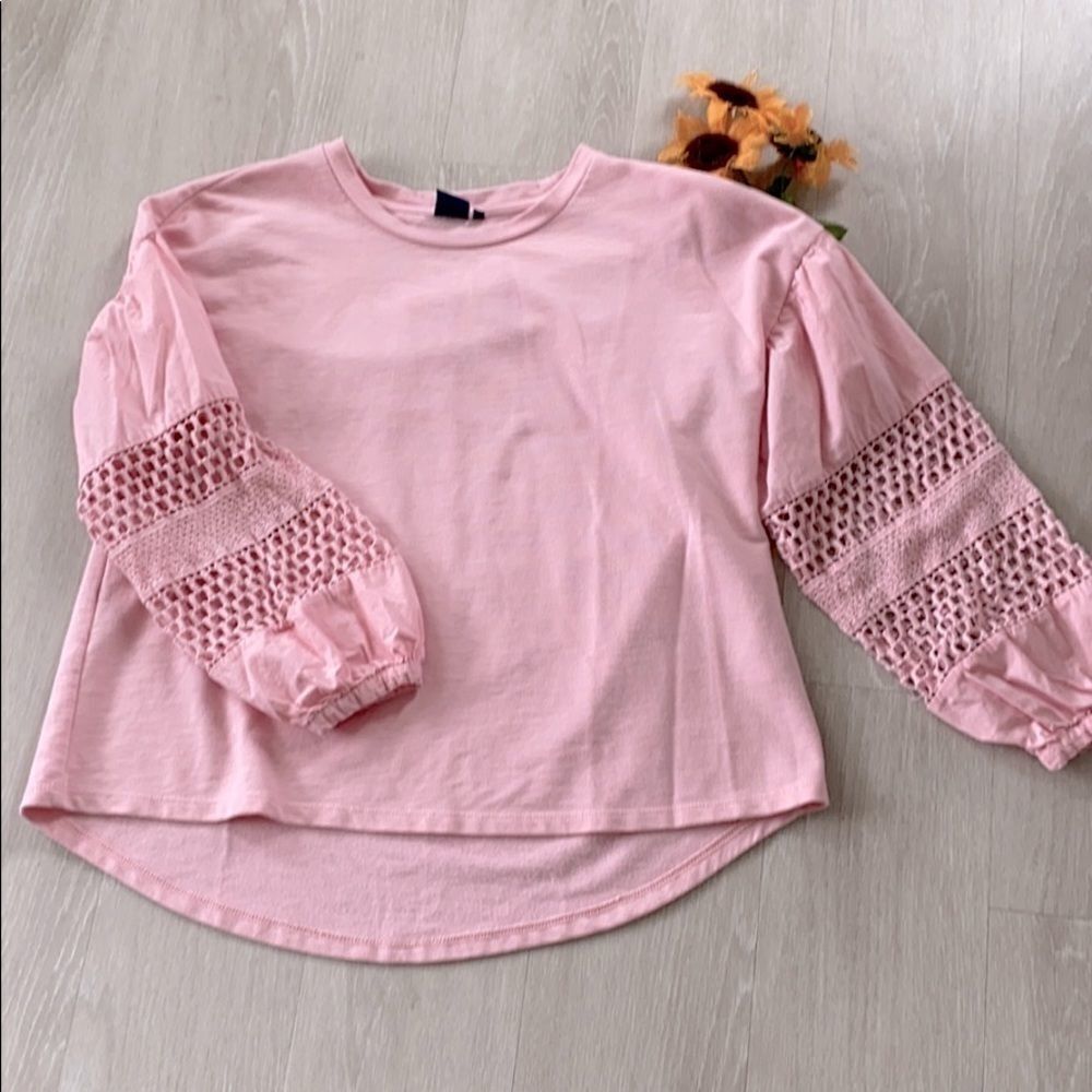 Kaari blue Balloon Crochet Sleeve Feminine Cotton  Crew Sweatshirt Pastel Pink M